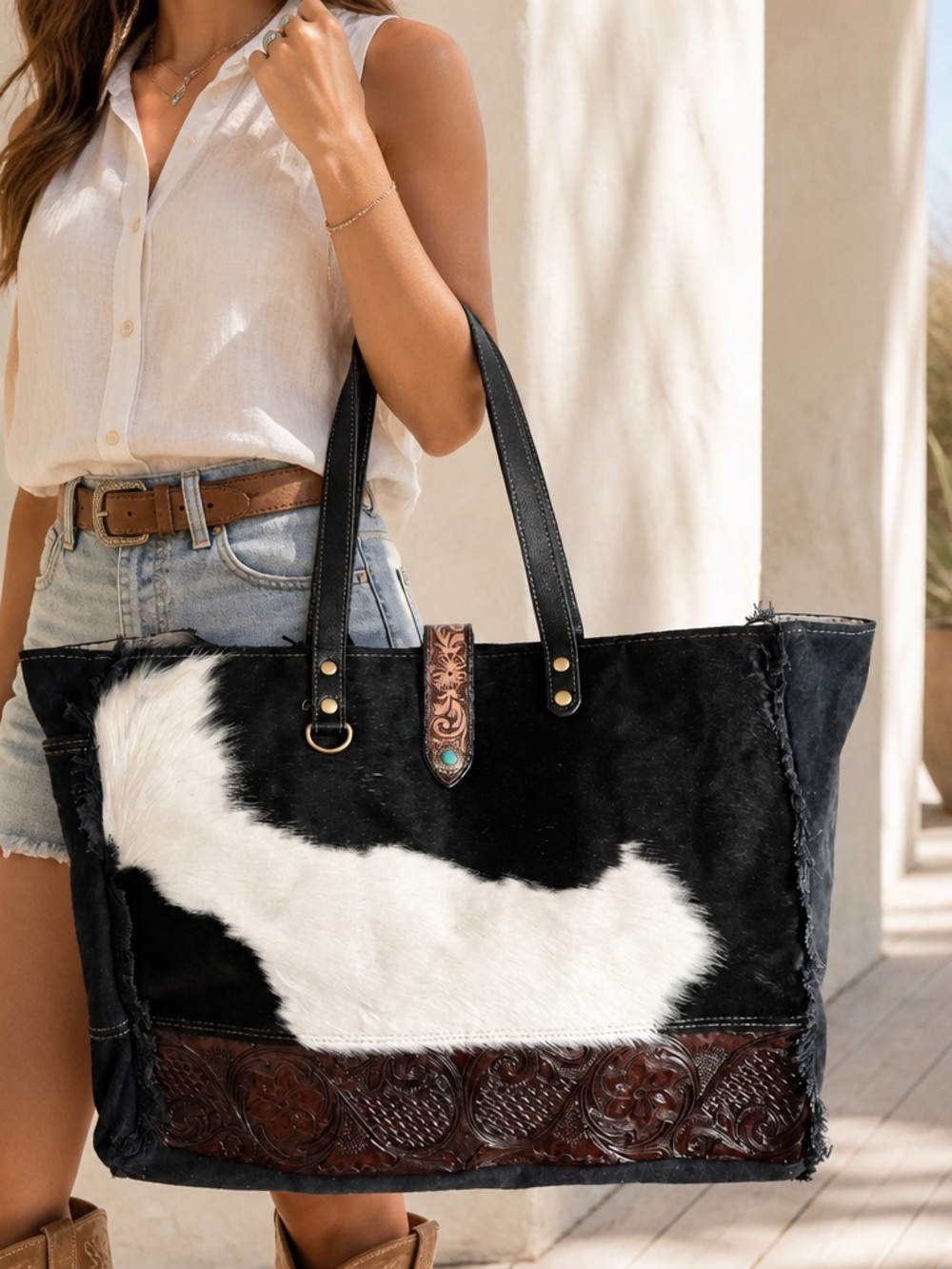 Myra Cowhide Weekender Bag XL Western Leather Travel Duffel Boho Tote Carry On